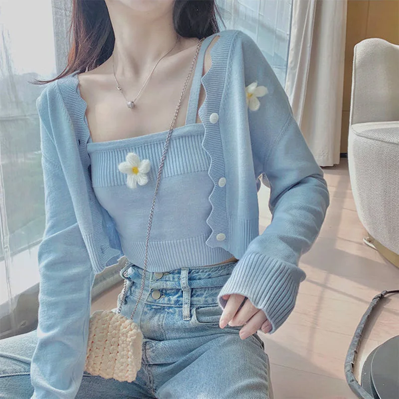 2 Piece Set Women Cardigan Ribbed Knitted Camisole Outfits Spring Autumn 2021 Flowers Short Tops Long Sleeve Cropped Suit
2 Piece Set Women Cardigan Ribbed Knitted Camisole Outfits Spring Autumn 2021 Flowers Short Tops Long Sleeve Cropped Suit