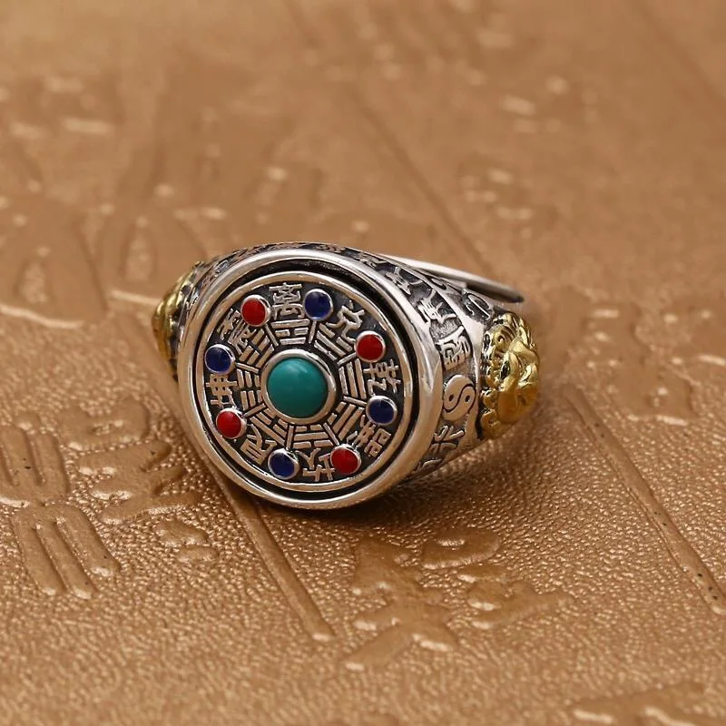 New Men's Tai Chi Gossip Inlaid Turquoise Turning Ring Thai Silver Retro Trendy Index Finger Ring Jewelry
New Men's Tai Chi Gossip Inlaid Turquoise Turning Ring Thai Silver Retro Trendy Index Finger Ring Jewelry