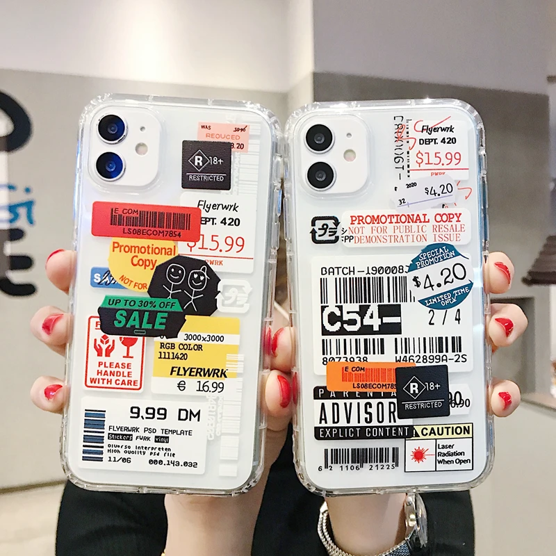 Cool cute color clear stamp label barcode Case For iPhone 12 7 8 Plus 11 Pro XR MAX X XS street fashion Soft silicon phone cover
Cool cute color clear stamp label barcode Case For iPhone 12 7 8 Plus 11 Pro XR MAX X XS street fashion Soft silicon phone cover