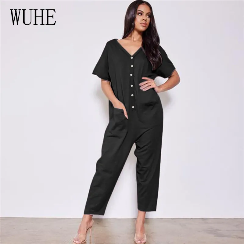 WUHE Loose Casual Jumpsuits Short Sleeve Button Pockets Sexy V Neck Single Breasted Summer Home Sports Fitness Party Overalls
WUHE Loose Casual Jumpsuits Short Sleeve Button Pockets Sexy V Neck Single Breasted Summer Home Sports Fitness Party Overalls