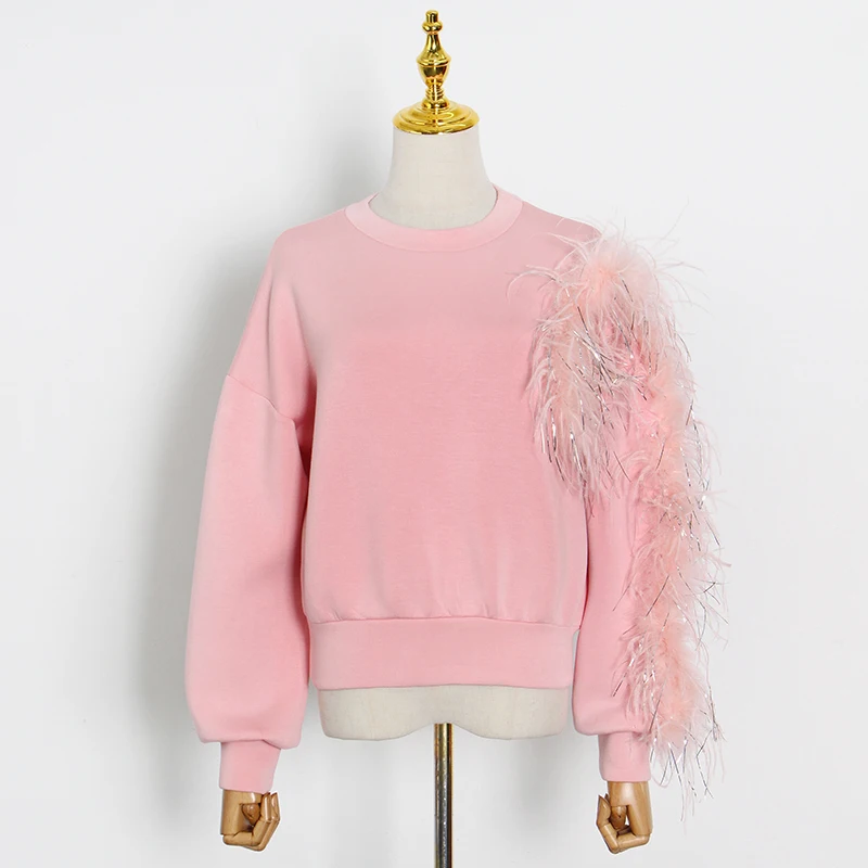 VGH Patchwork Feather Sweatshirt For Women O Neck Lantern Long Sleeve Casual Loose Elegant Sweatshirts Female Fashion New Autumn
VGH Patchwork Feather Sweatshirt For Women O Neck Lantern Long Sleeve Casual Loose Elegant Sweatshirts Female Fashion New Autumn