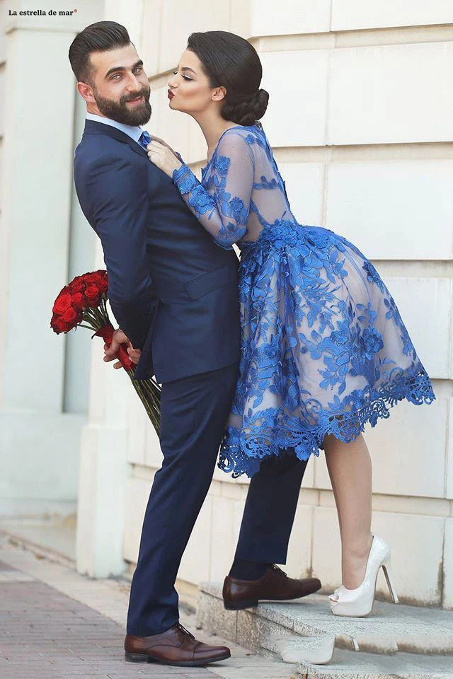 abiti da cocktail new 3D Huadu lace long sleeve ALine Royal Blue Cocktail Dresses Tea Length vestito cerimonia donna Prom Gowns 
abiti da cocktail new 3D Huadu lace long sleeve ALine Royal Blue Cocktail Dresses Tea Length vestito cerimonia donna Prom Gowns