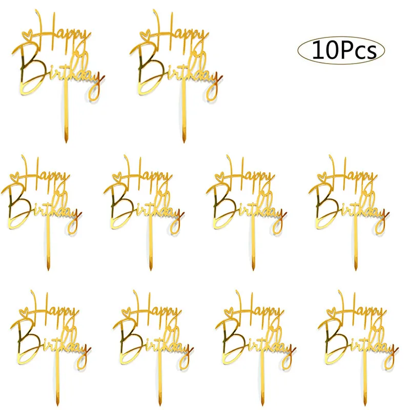 10pcs Happy Birthday Cake Topper Acrylic Gold Toppers Party Supplies Decorations Promotional Items | Дом и сад