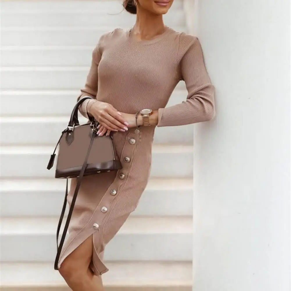 Knitted Christmas Casual Dresses for Women 2021 Solid Color Side Split Autumn Round Neck Buttons Sexy Dress for Office
Knitted Christmas Casual Dresses for Women 2021 Solid Color Side Split Autumn Round Neck Buttons Sexy Dress for Office