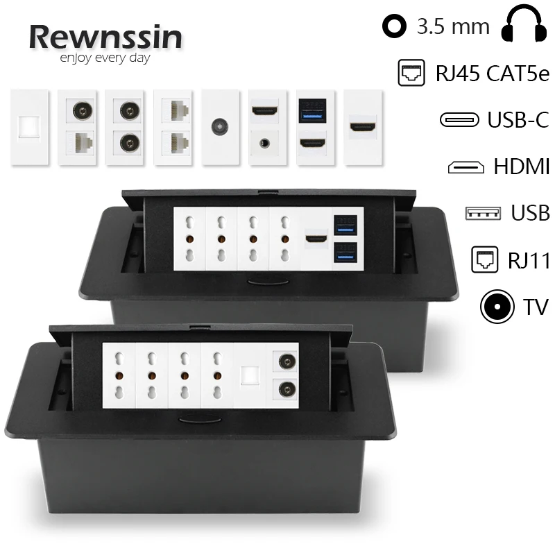 

250V 16A Черная коробка из алюминиевого сплава Италия Чили Настольная розетка, с USB-портами RJ45 TV HDMI, встроенной выдвижной розеткой на столешнице