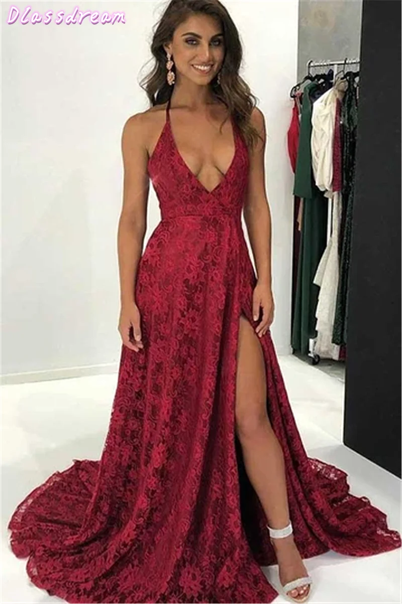 Burgundy Prom Dress Spaghetti Straps Deep V-neck Split Sweep Train Halter Sweep Train Lace Evening Dress коктейльные платья
Burgundy Prom Dress Spaghetti Straps Deep V-neck Split Sweep Train Halter Sweep Train Lace Evening Dress коктейльные платья