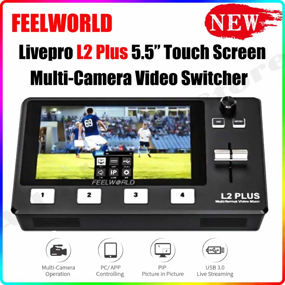 

Feelworld livepro L2 Plus Multi Format Video Mixer Switcher 5.5" Touch Monitor USB3.0 APP PTZ Camera Control Green screen Cutout