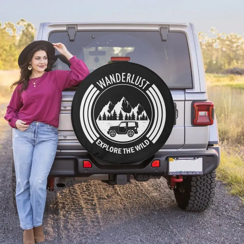 

Explore the Mountains - Spare Tire Cover for Jeep Wrangler, Jeep Liberty, 2021 Bronco, RV, Camper - Optional Backup Camera Hole