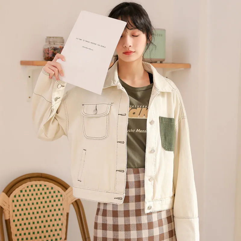 Korean Style Denim Coats Women Beige Turn-down Collar Jean Jackets Students Single Breasted Contrast Color Pocket Slim Outwear 
Korean Style Denim Coats Women Beige Turn-down Collar Jean Jackets Students Single Breasted Contrast Color Pocket Slim Outwear