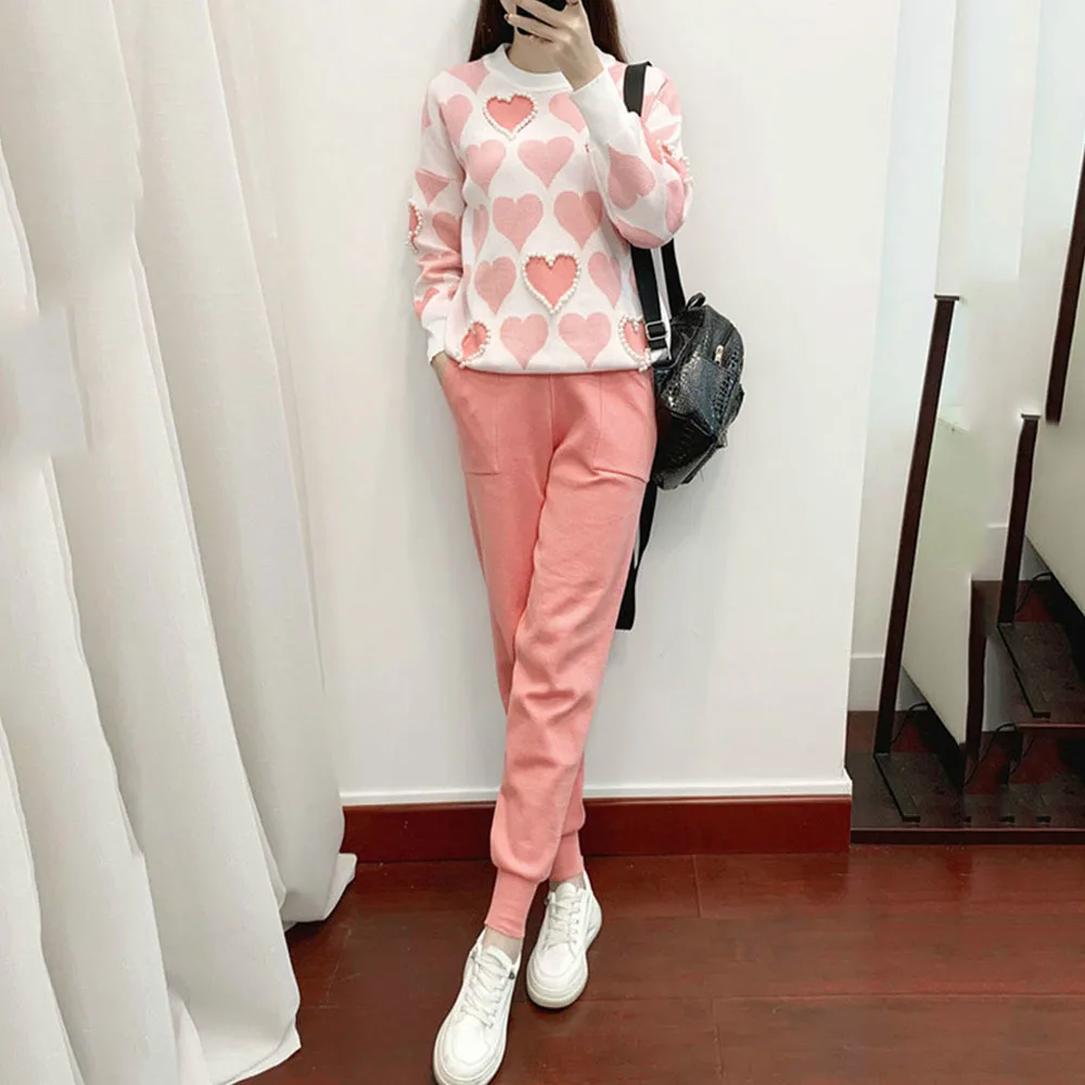 Women Sweater 2 Piece Sets Spring Harlan Pants Sport Chic Knit Embroidery Beading Heartshape Pattern Pullovers Top Two-piece Set
Women Sweater 2 Piece Sets Spring Harlan Pants Sport Chic Knit Embroidery Beading Heartshape Pattern Pullovers Top Two-piece Set