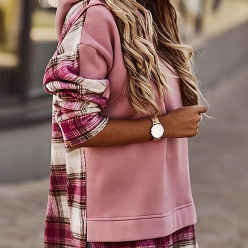 Ladies Spring And Autumn Fashion Trend New Plaid Sewing Hooded Sweater Temperament All-Match Color Matching Blouse Women
Ladies Spring And Autumn Fashion Trend New Plaid Sewing Hooded Sweater Temperament All-Match Color Matching Blouse Women