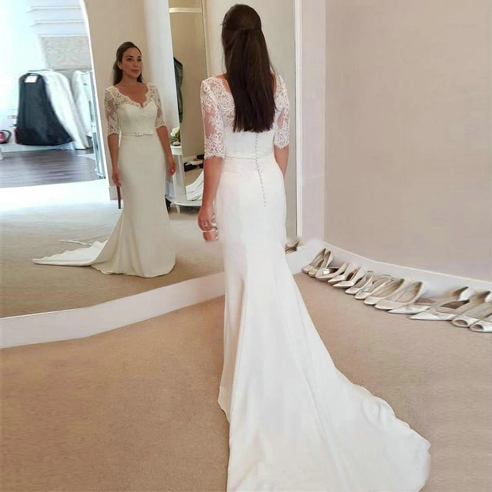 Elegant Lace Sexy V Neck Wedding Dresses Half Sleeves 2020 Applique Satin Slim Fit Mermaid Wedding Gown Long Bride Dress
Elegant Lace Sexy V Neck Wedding Dresses Half Sleeves 2020 Applique Satin Slim Fit Mermaid Wedding Gown Long Bride Dress