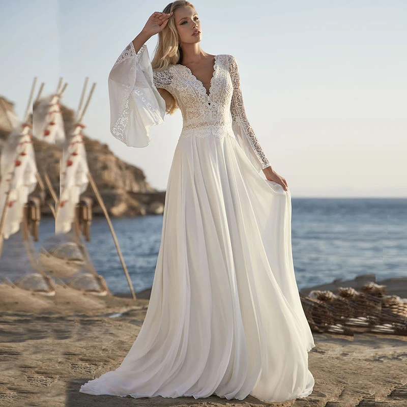 Bohemian A Line Chiffon Wedding Dresses 2021 V Neck Long Sleeve Lace Applique Backless For Women Robe De Mariage Bridal Gown
Bohemian A Line Chiffon Wedding Dresses 2021 V Neck Long Sleeve Lace Applique Backless For Women Robe De Mariage Bridal Gown
