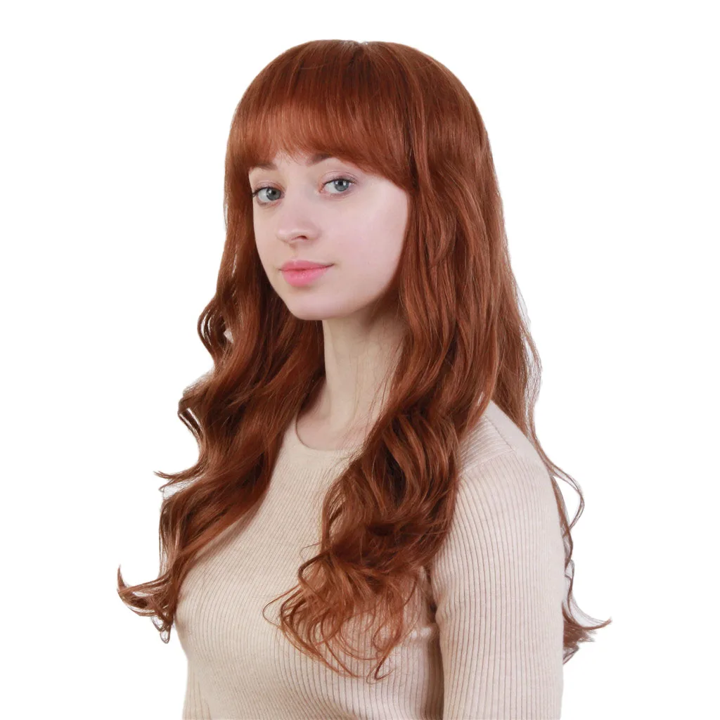 

Light Brown Human Hair Wigs Long Curly Body Wavy Layered Wig with Bangs For Women,Natural Looking Wigs