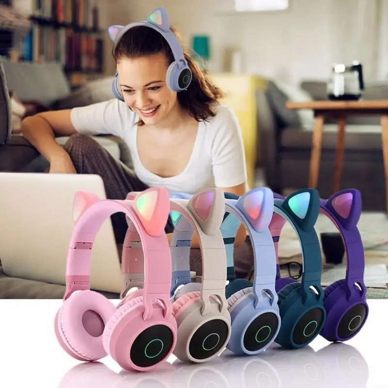 

Bluetooth наушники 5,0 стерео Беспроводной Шум шумоподавлением гарнитура кошачьими ушками бас светодиодный для маленькой девочки складные игро...