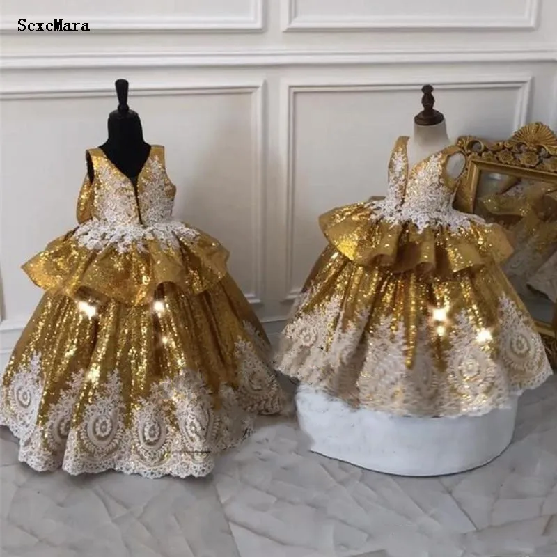 Gold Sequins Baby Girls First Birthday Dress with White Lace Applique Bow Kds Clothes for Party Prom Pageant | Свадьбы и торжества
