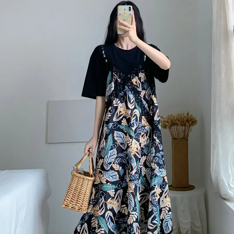 Fashion Women Summer Floral Fake 2 Piece Dresses Black Patchwork Flower Design Round Neck Calf Length Short Sleeve A-Line Robe
Fashion Women Summer Floral Fake 2 Piece Dresses Black Patchwork Flower Design Round Neck Calf Length Short Sleeve A-Line Robe