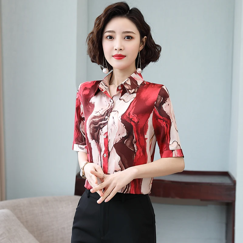 Женская атласная рубашка TingYiLi шелковая блузка с цветочным принтом и коротким