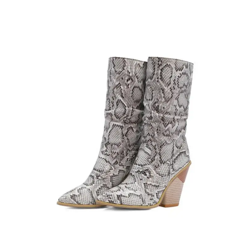 Fuax Leather Boots For Women Autumn Winter Calf Height Boots Vogue Snakeskin Print Pionted Toe High Heel Shoes Chunky Boots 2020
Fuax Leather Boots For Women Autumn Winter Calf Height Boots Vogue Snakeskin Print Pionted Toe High Heel Shoes Chunky Boots 2020