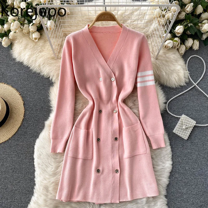 Korejepo Dress French Double Breasted Knit V-neck Waist Closing 2021 New Sweet Solid Inner Backing Simple Versatile Dresses 
Korejepo Dress French Double Breasted Knit V-neck Waist Closing 2021 New Sweet Solid Inner Backing Simple Versatile Dresses