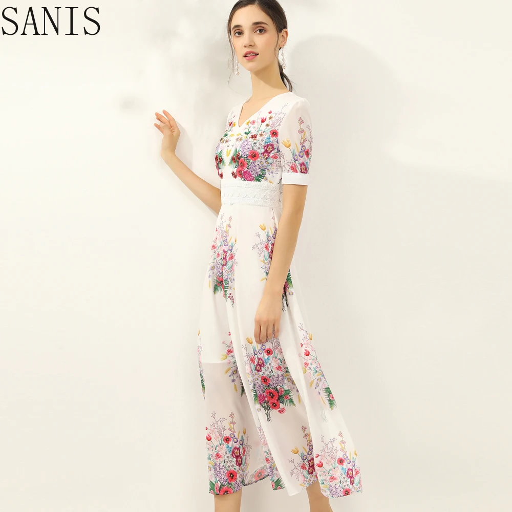 SANIS Designer Women Spring Summer 2020 Floral Print Beads Short Sleeve Midi Dress Dresses Fashion Female Robe Vestidos
SANIS Designer Women Spring Summer 2020 Floral Print Beads Short Sleeve Midi Dress Dresses Fashion Female Robe Vestidos