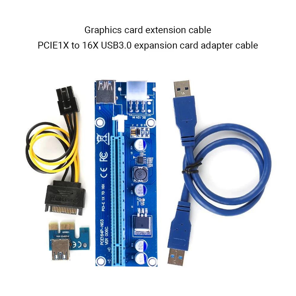 

VER006C PCI-E Riser Card PCI Express PCIE 1X to 16X Extender Adapter USB 3.0 Cable SATA 15Pin to 6Pin Power for Mining Miner