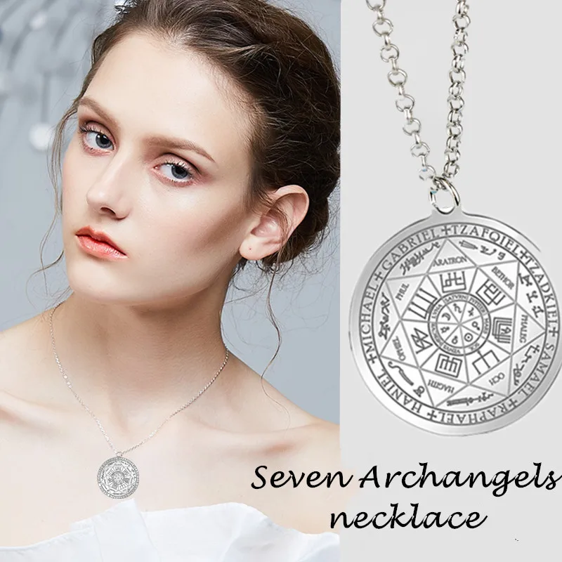 

3Colors Stainless Steel Round Totem Seals of The Seven Archangels Pendants Classic Trendy Religious Necklaces Unisex Gift 31MM