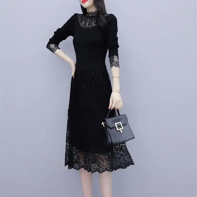 Autumn Winter New Knitted Lace Stitching Dress Women's Long Sleeve Dresses for Women Vestido De Mujer
