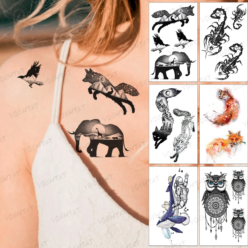 Waterproof Temporary Tattoo Sticker Wolf Elephant Eagle Animal Moon Mountain Forest Black Tatoo Arm Leg Fake Tatto Woman Man
Waterproof Temporary Tattoo Sticker Wolf Elephant Eagle Animal Moon Mountain Forest Black Tatoo Arm Leg Fake Tatto Woman Man