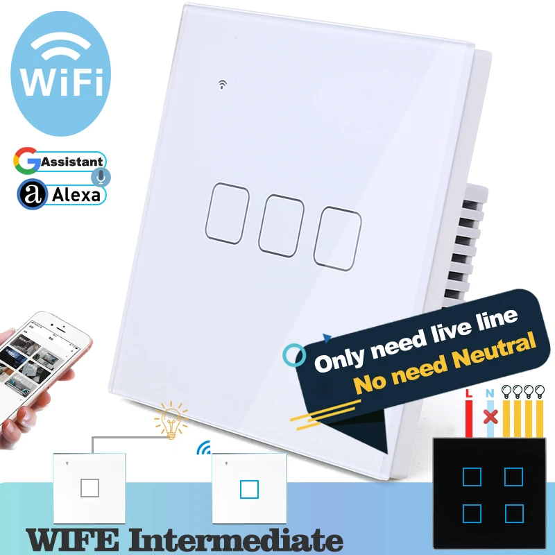 Настенный светильник сенсорный WIFI синий светодиодный 3 Gang 2 Way Alexa Google