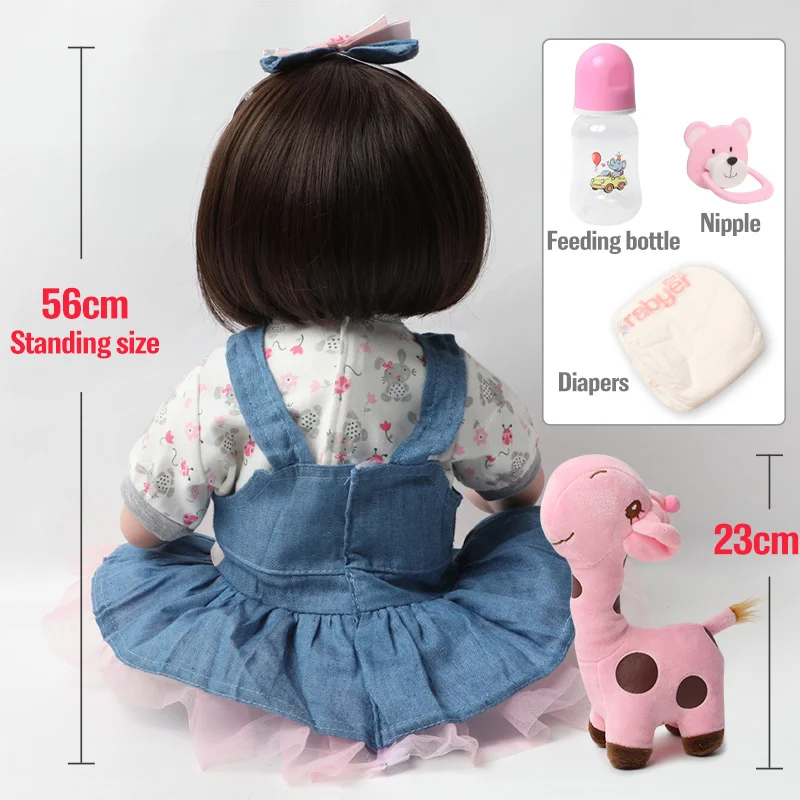 

22 inch bebe Reborn Dolls 56CM soft Silicone Realistic Real Girl long hair Baby Doll nipple giraffe education Toys for Children