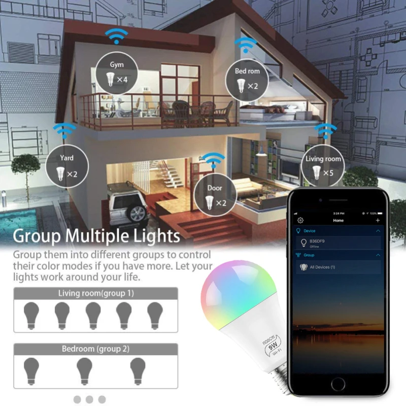 9W WiFi RGBCW Alexa Google Assistant E27 
9W WiFi RGBCW Alexa Google Assistant E27