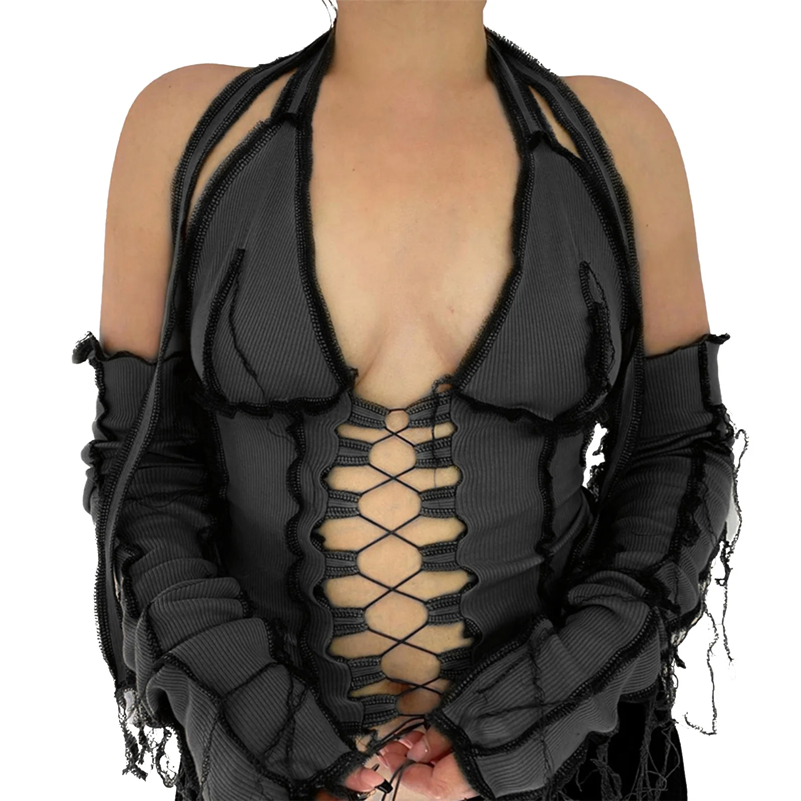 Summer Autumn Women's Hollow Cropped Top Lace-up Patchwork Neck-Hanging Clothes Ruffle Mittens
Summer Autumn Women's Hollow Cropped Top Lace-up Patchwork Neck-Hanging Clothes Ruffle Mittens