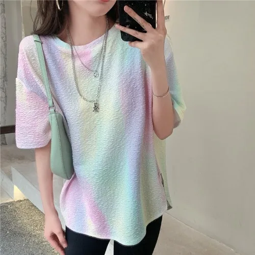 Korean version of ins tie-dye gradient rainbow round neck t-shirt summer 2021 new personality irregular short-sleeved top 
Korean version of ins tie-dye gradient rainbow round neck t-shirt summer 2021 new personality irregular short-sleeved top
