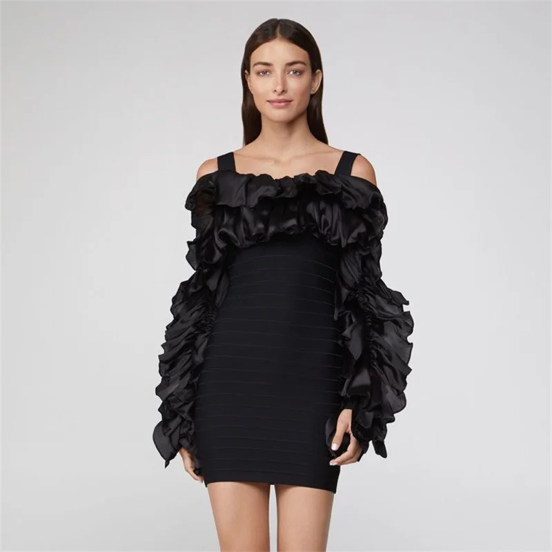 

Женское облегающее платье, Черное Трикотажное мини-платье на тонких бретелях, с оборками, с длинным рукавом, для ночного клуба, зима