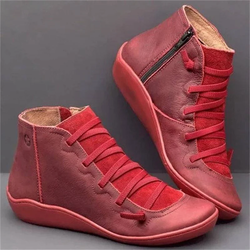 

2021New Women PU Leather Boots Waterproof For Winter Shoes Casual Lightweight Ankle Warm Fur Flat Boots Cross Strappy Vintage