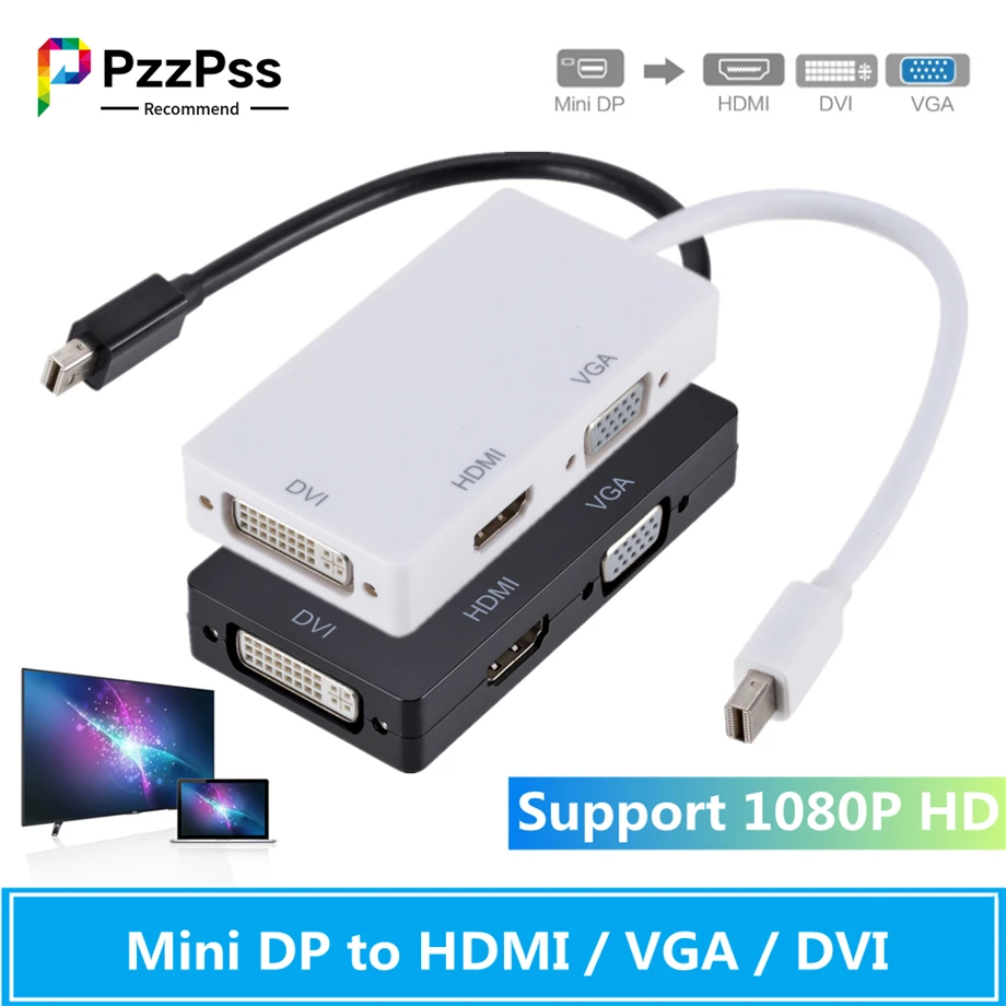 

PzzPss 3 in 1 Mini Displayport DP Male to DVI HDMI VGA Audio Female Adapter Display Port Cable Converter For Computer Projector