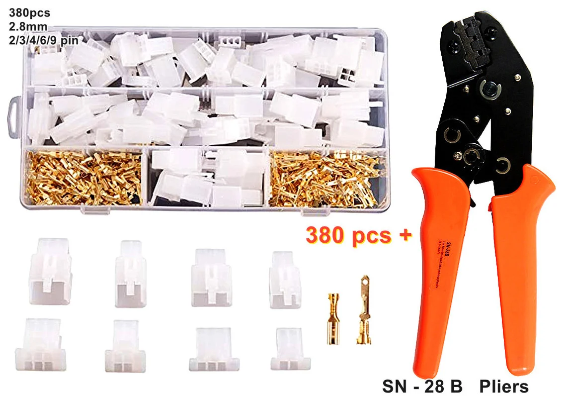 380pcs 2.8mm2 3 4 6pin Automotive 2.8 Electrical Wire Connector Male Female Cable Terminal Plug Kit Motorcycle Car SN-28B Pliers
380pcs 2.8mm2 3 4 6pin Automotive 2.8 Electrical Wire Connector Male Female Cable Terminal Plug Kit Motorcycle Car SN-28B Pliers