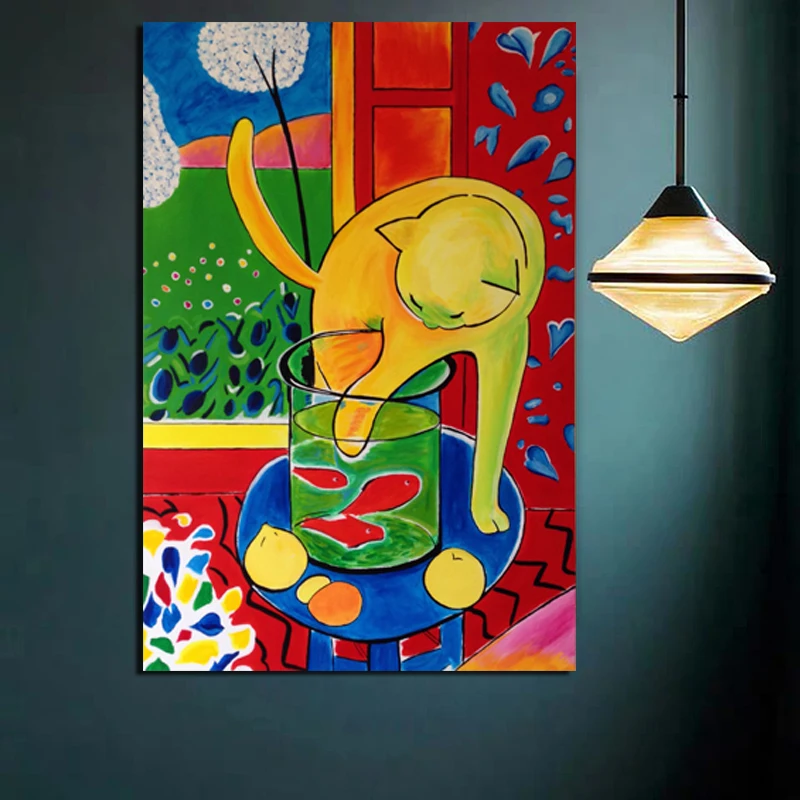 Фото Винтажный постер Matisse Cat ловля рыбы Картина на холсте с принтом - купить