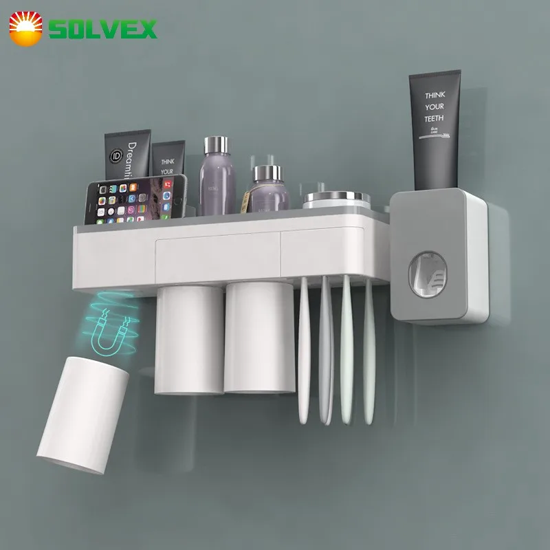 

Магнитный поглощающий инвертированный держатель для зубных щеток, двойной автоматический дозатор для зубной пасты, стеллаж для хранения, а...