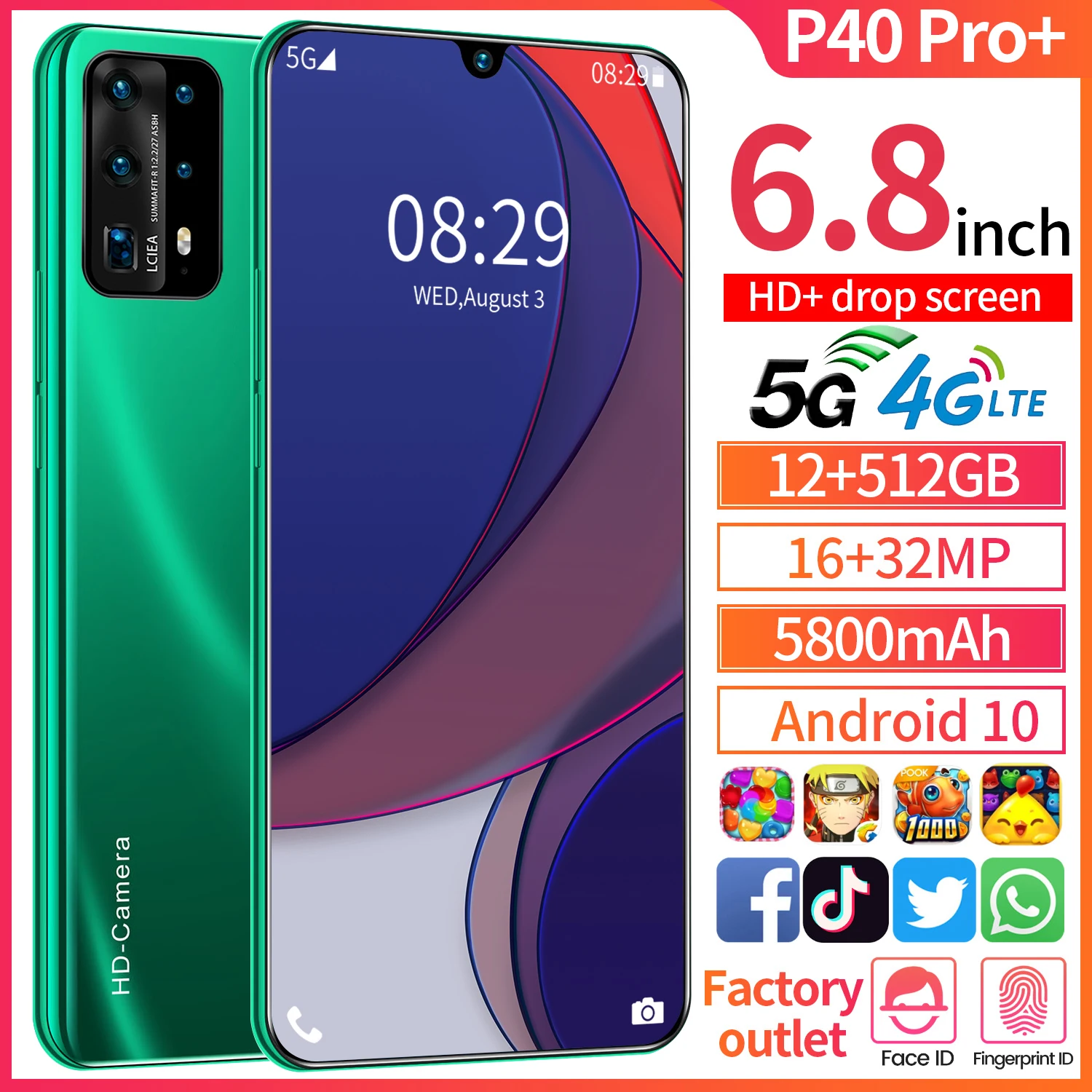 Hot Sale Global Version P40 Pro+ 6.8Inch Smaretphone 12+512GB HD Full Screen 10 Core 5800mAh Dual SIM 4G 5G Network Mobile Phone
Hot Sale Global Version P40 Pro+ 6.8Inch Smaretphone 12+512GB HD Full Screen 10 Core 5800mAh Dual SIM 4G 5G Network Mobile Phone