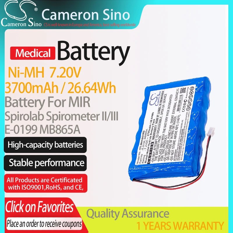 CameronSino Battery for MIR Spirolab Spirometer II/III fits MIR E-0199 MB865A Medical Replacement battery 3700mAh/26.64Wh 7.20V
CameronSino Battery for MIR Spirolab Spirometer II/III fits MIR E-0199 MB865A Medical Replacement battery 3700mAh/26.64Wh 7.20V