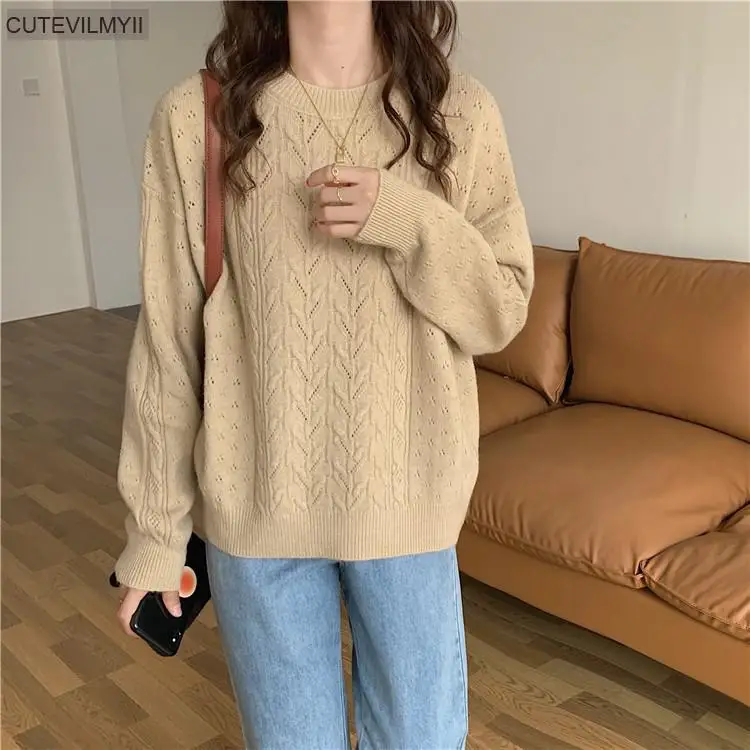 Женский винтажный свитер с круглым вырезом, теплый свободный трикотажный джемпер с длинными рукавами, Осень-зима 2021
Женский винтажный свитер с круглым вырезом, теплый свободный трикотажный джемпер с длинными рукавами, Осень-зима 2021