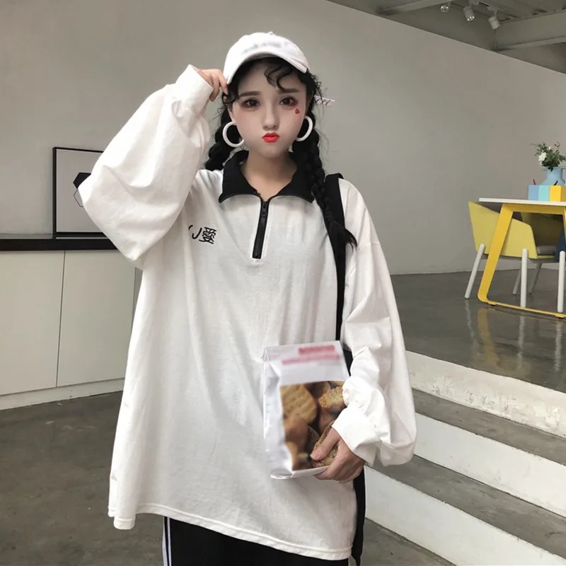 Fashion Lapel T Shirt Women College Long Sleeve Print Loose Casual Tee Feeme Oversized Preppy Tops | Женская одежда