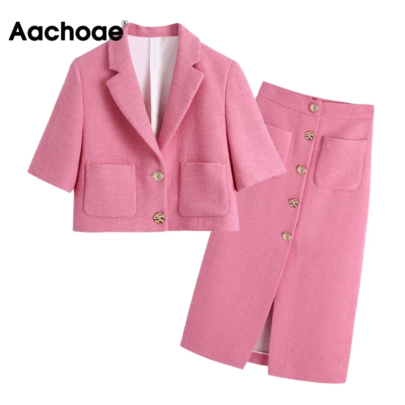 Aachoae Pink Tweed 2 Piece Set Women Office Short Sleeve Cropped Blazer Split Buttons Skirt Chic Ladies Pockets Outfits Sets
Aachoae Pink Tweed 2 Piece Set Women Office Short Sleeve Cropped Blazer Split Buttons Skirt Chic Ladies Pockets Outfits Sets