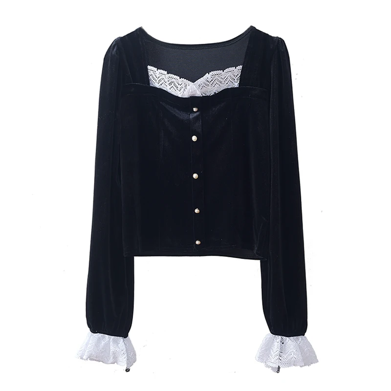 

PERHAPS U Women Black Velvet Slash Neck Long Sleeve Shirt Blouse Button Lace B0718