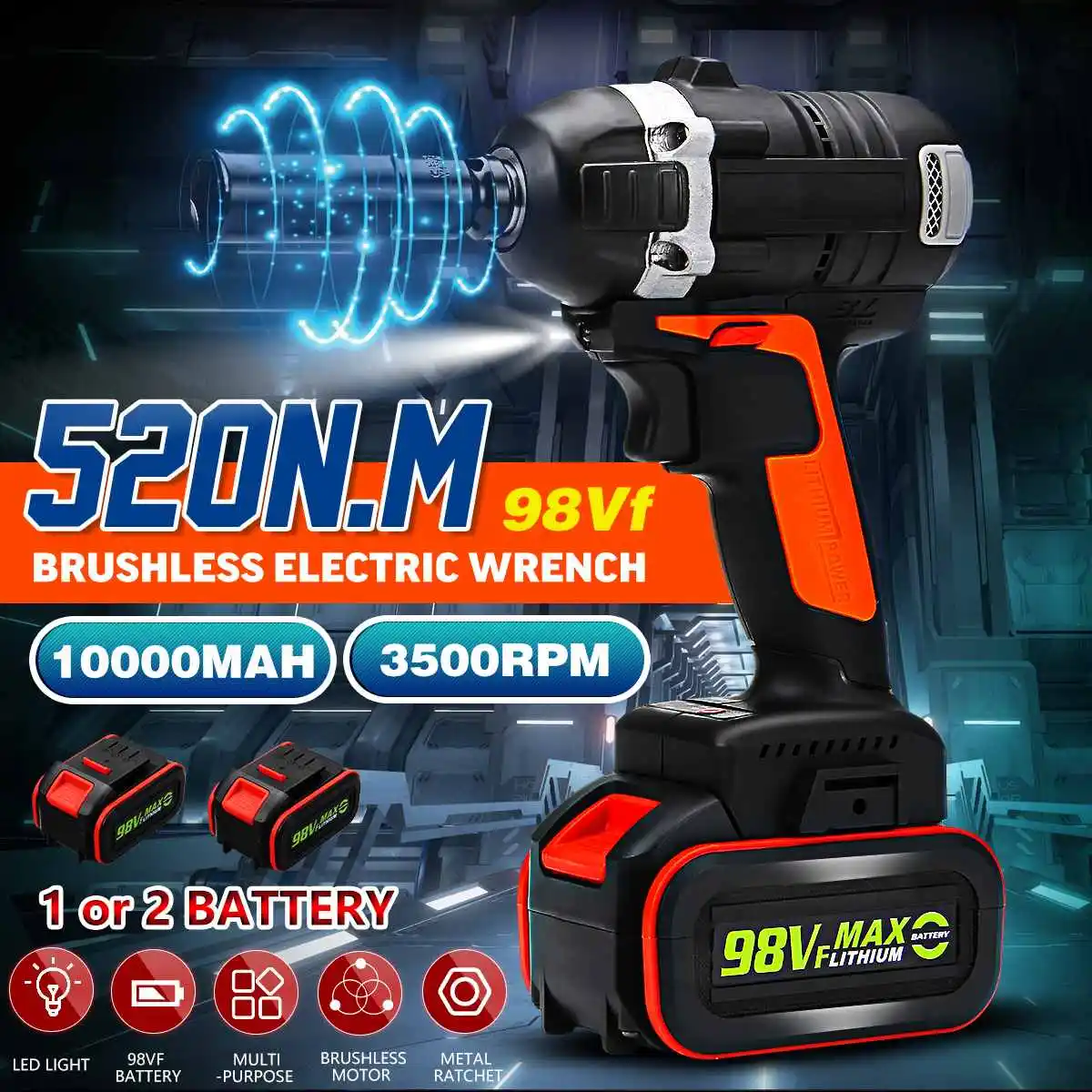 520Nm 98VF Brushless Cordless Wrench Electric Socket Impact Wrench 10000mah Lithium-lon Battery Power Tools Kit
520Nm 98VF Brushless Cordless Wrench Electric Socket Impact Wrench 10000mah Lithium-lon Battery Power Tools Kit