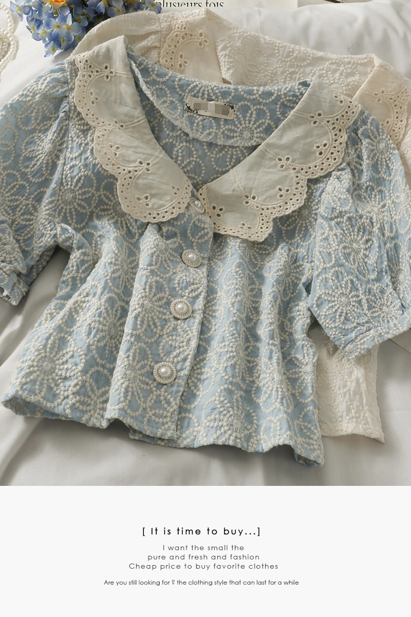 2021 Summer hollow out lace collar breasted top women embroidered bubble sleeve shirt shimmy
2021 Summer hollow out lace collar breasted top women embroidered bubble sleeve shirt shimmy