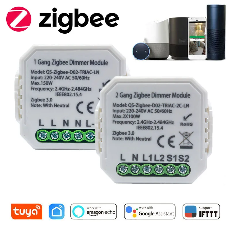 Tuya Smart Zigbee диммер с нейтральным 220 220V 1/2 Gang Беспроводной светильник реле