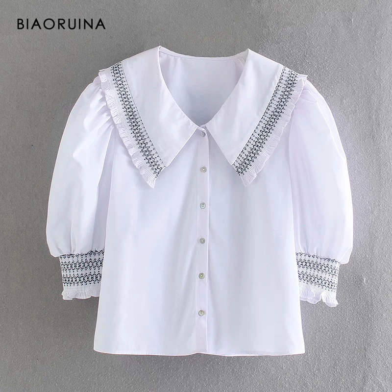 BIAORUINA Women's White Single Brested Loose Sweet Shirt Striped Decoration Peter Pan Collar Female White Spring Blouse Tops
BIAORUINA Women's White Single Brested Loose Sweet Shirt Striped Decoration Peter Pan Collar Female White Spring Blouse Tops